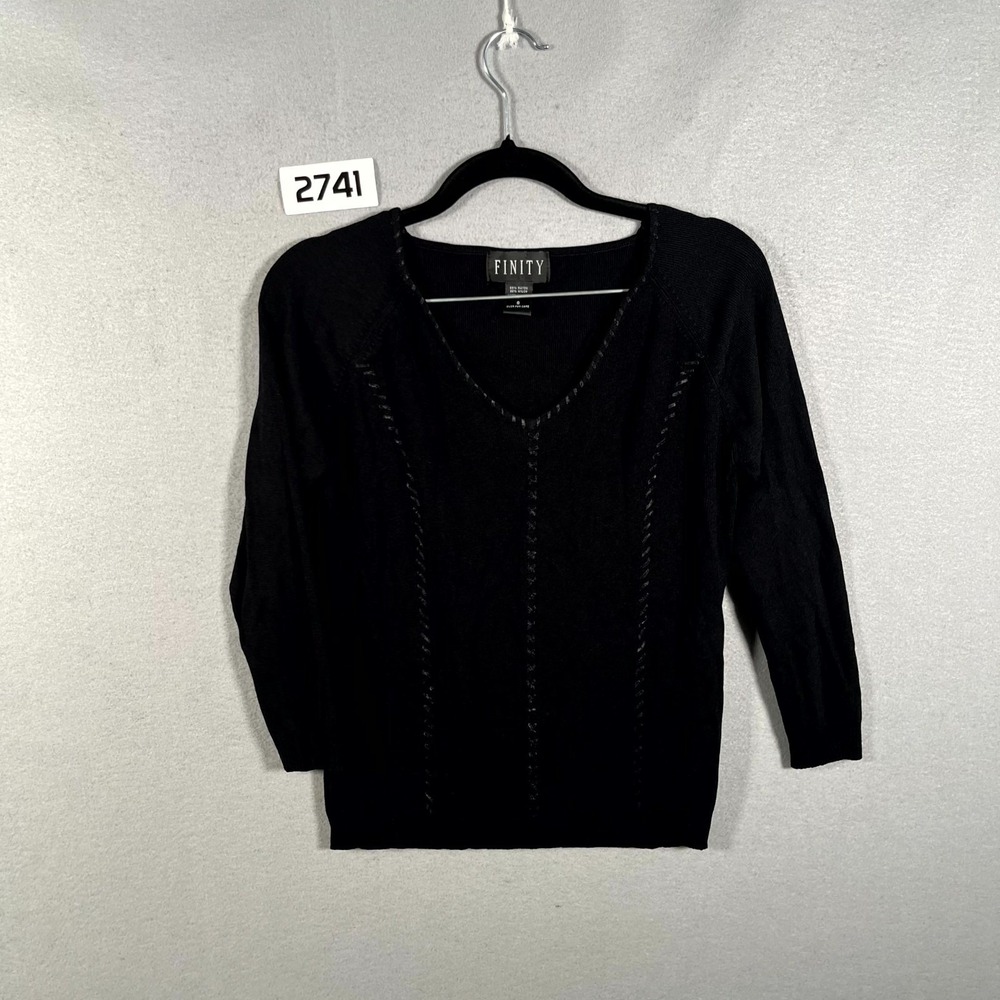 Finity Sweater Womens Small Black Embellished Rayon Tight Knit Ribbed V Neck
